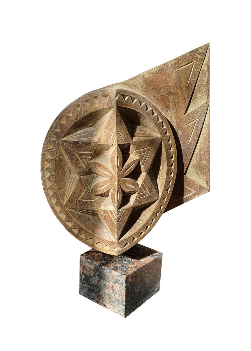 Geometric Botanical Wood Sculpture By George Troyanov, 12 X 16, Star Of Bethlehem, Original Artwork