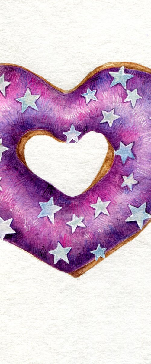 Watercolor heart shaped donut with stars decor by Liliya Rodnikova