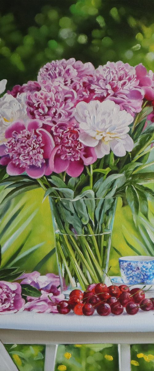Peonies and Cherries in the Garden by Natalia Shaykina