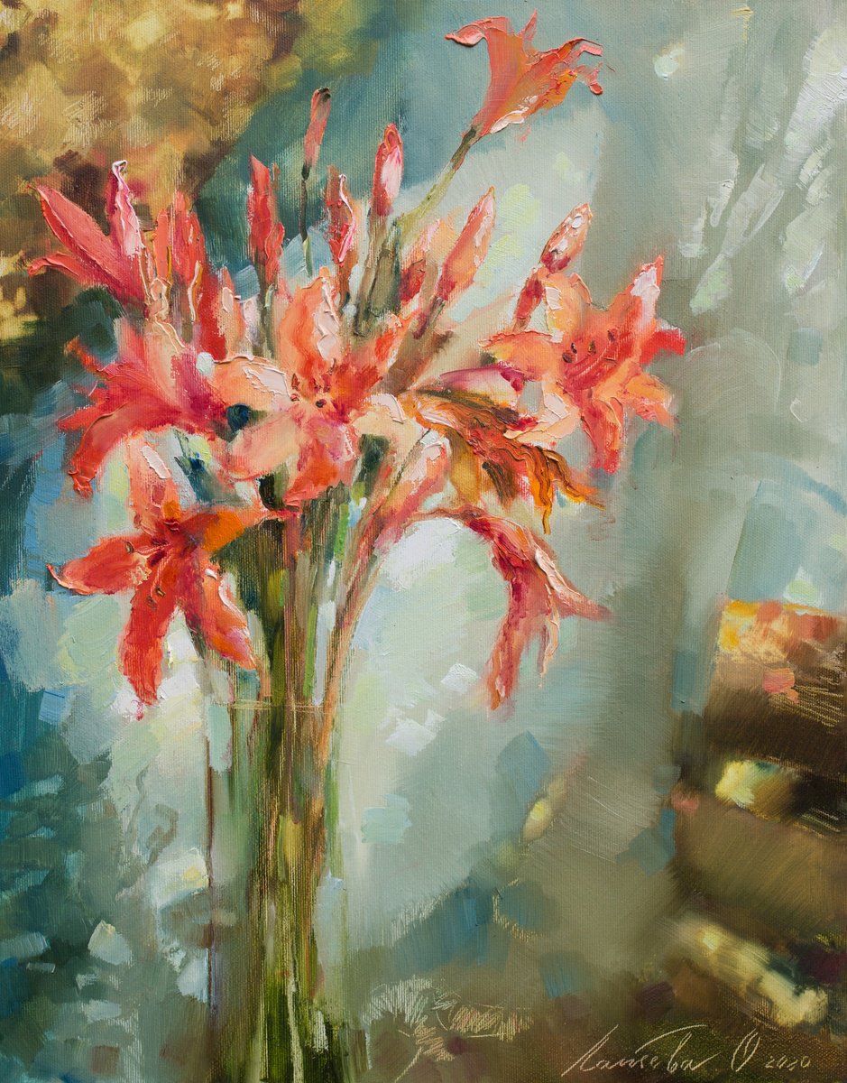 Impressionistic Botanical Oil Painting By Olha Laptieva, 16 X 20", Red Daylily, Original Artwork