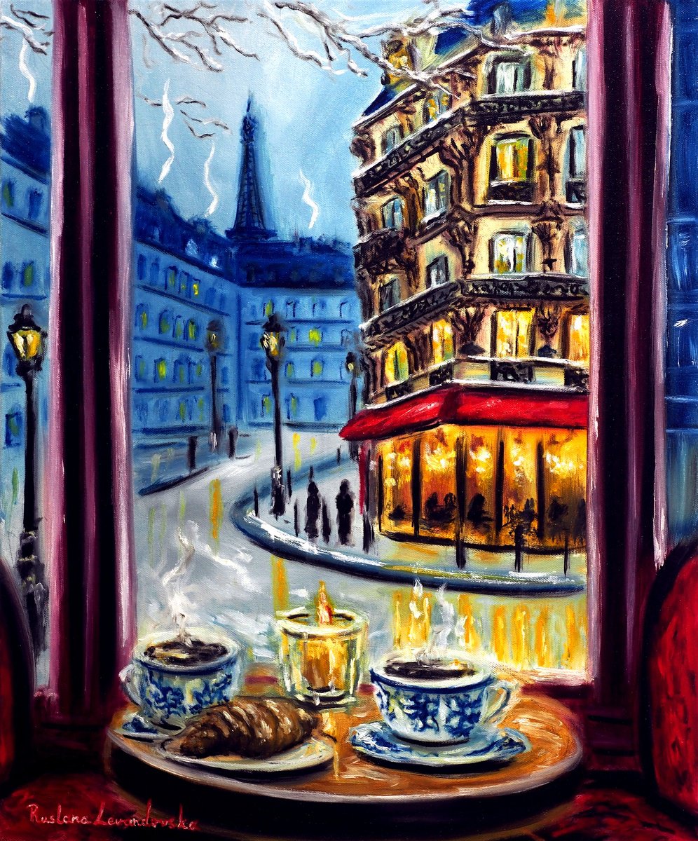 Impressionistic Cityscapes Oil Painting By Ruslana Levandovska, 20 X 24", Table For Two In Paris, Original Artwork