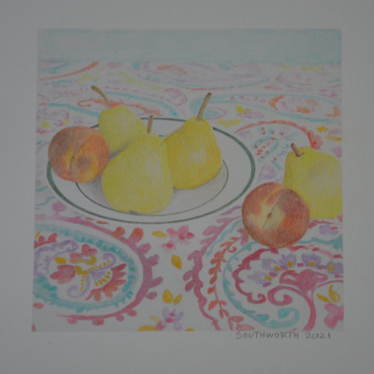 Miniature Still Life Pears, Peaches & Paisley by Linda Southworth