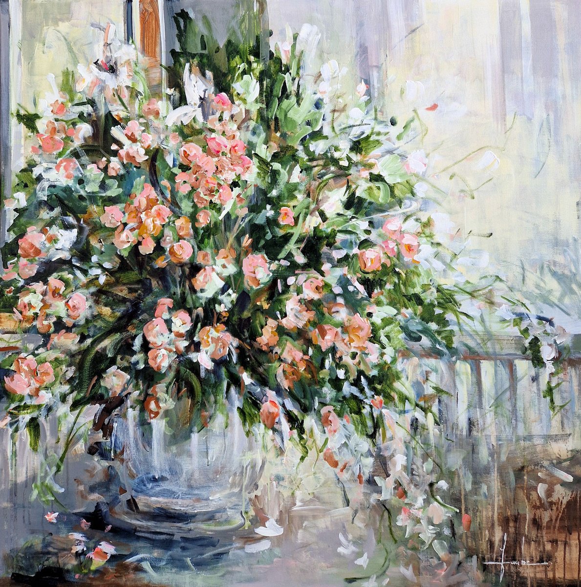 Impressionistic Botanical Acrylic Painting By Irina Laube, 39 X 39, Summer Flower Bouquet, Original Artwork
