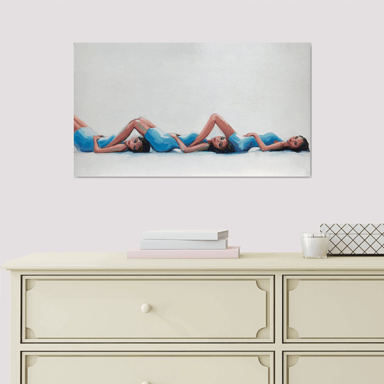 THREESOME - oil painting on cardboard, original gift, blue, woman, nude, erotics, original gift, home decor, pop art, office interior