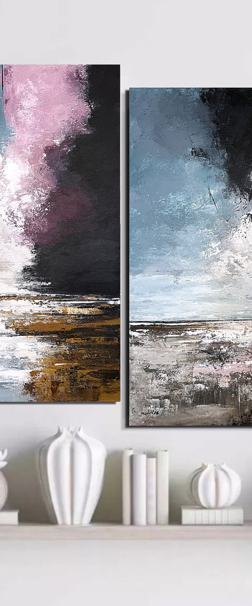Crimson Sky Passage – Blue Pink Diptych by Tatiana Malinovscaia