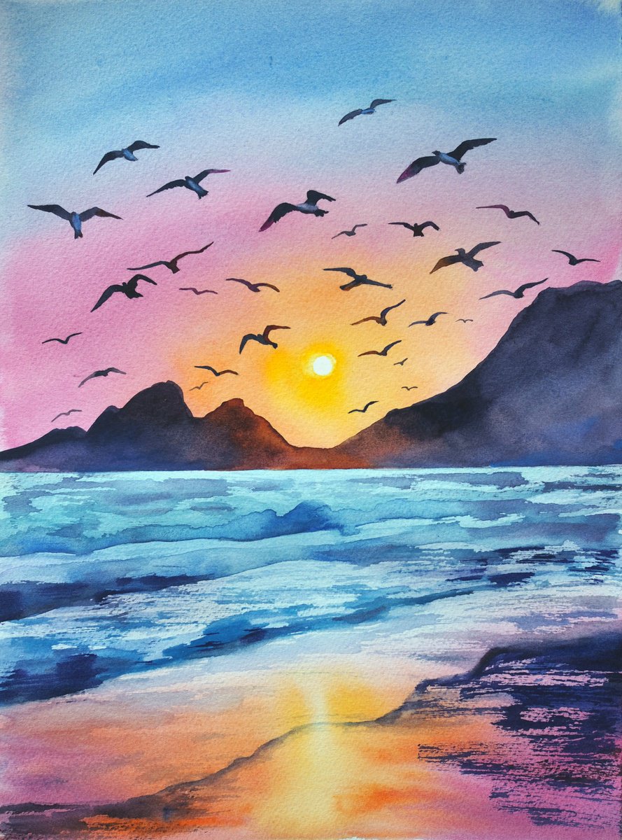 Impressionistic Landscape Watercolour By Delnara El, 10 X 14, Birds On Sunset, Original Artwork