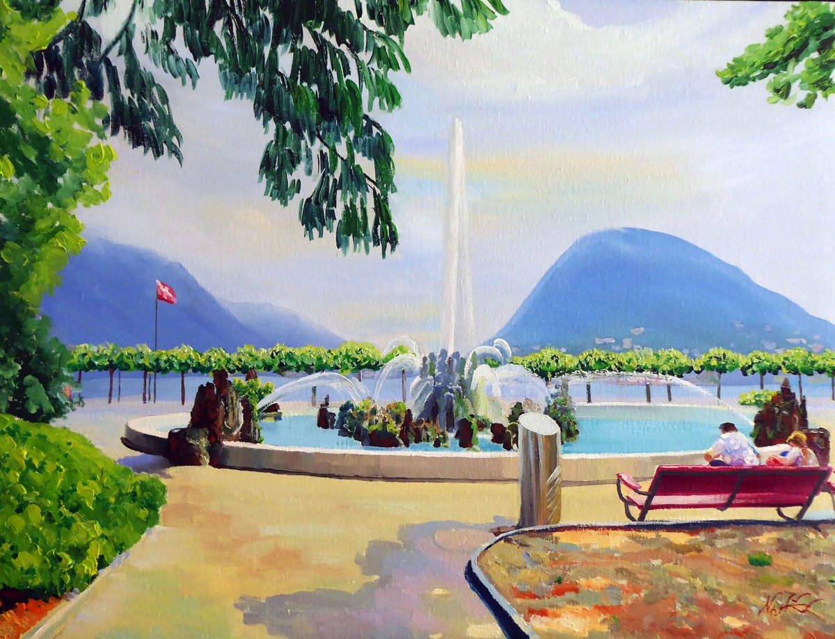 Impressionistic Landscape Oil Painting By Narek Hambardzumyan, 24 X 18", Fontana Moccetti Lugano, Original Artwork