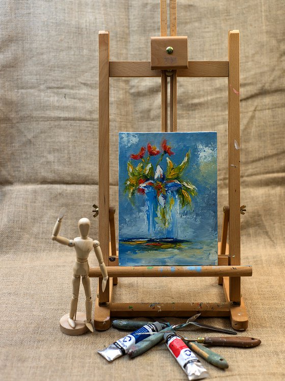 Abstract still life painting. Small oil painting with flowers for gift