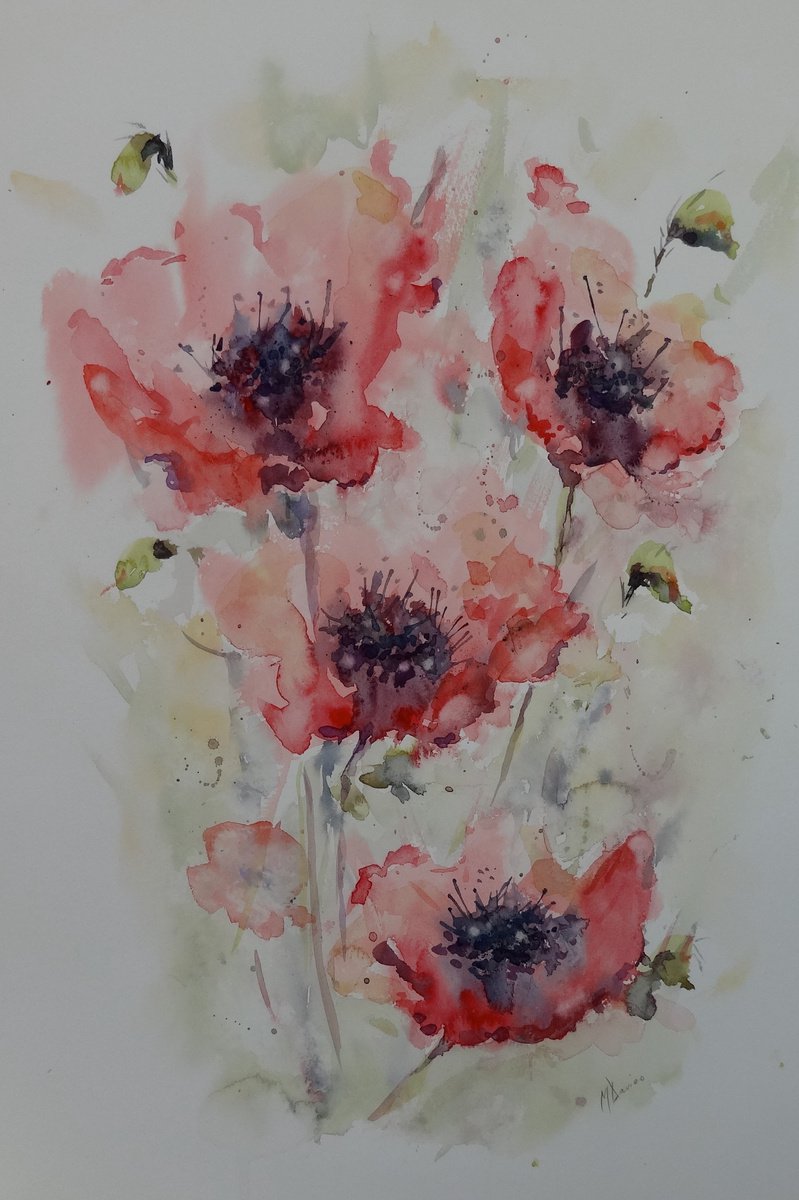 Impressionistic Botanical Watercolour By Mel Davies Original Art, 17 X 24", Dancing Poppies, Original Artwork