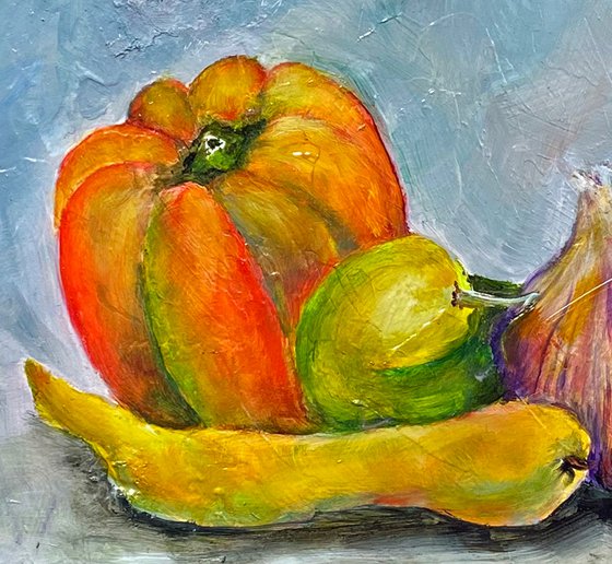 Garlics Red Pepper Green Peppers Original Oil Painting 8x10 gorgeous Black and Silver framed