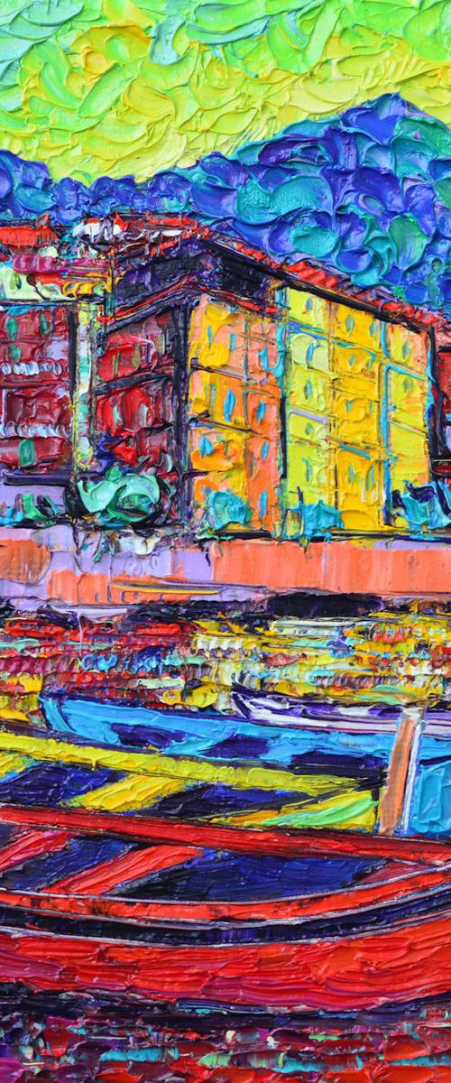 VERNAZZA COLORFUL BOATS CINQUE TERRE ITALY modern impressionism impasto textural palette knife oil painting stylized cityscape by Ana Maria Edulescu by ANA MARIA EDULESCU