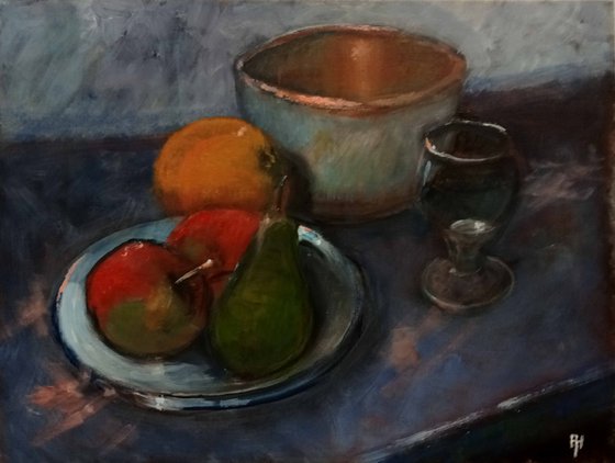 Still life with the old copper bowl