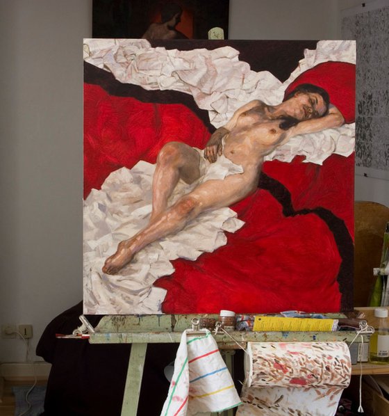 Joanna in red - modern painting of nude woman