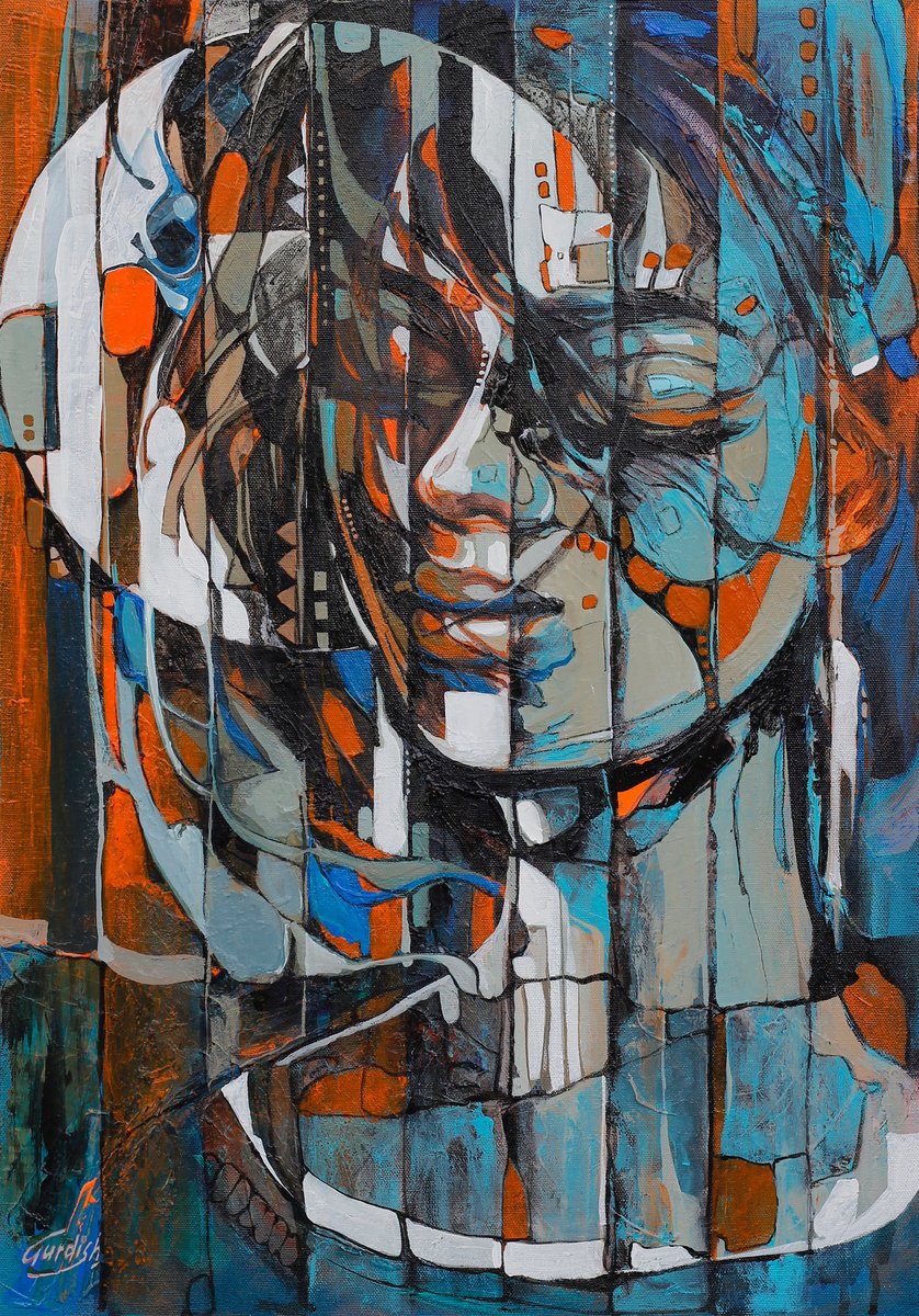 Illustrative Portrait Acrylic Painting By Artist Gurdish Pannu, 18 X 26, The Life With Moon, Original Artwork