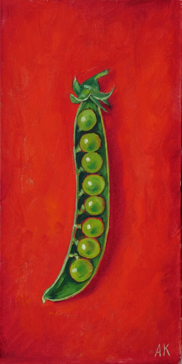 Photorealistic Still Life Oil Painting By Alfia Koral, 6 X 12, Green Pea Pod On Red, Original Artwork