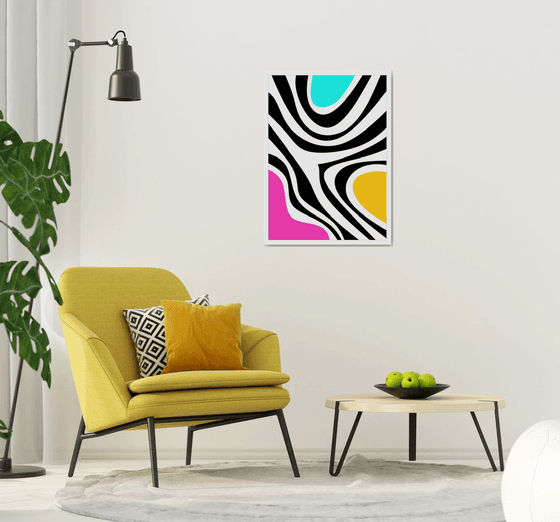 Abstraction artwork zebra multi-colored yellow pink black blue stripes