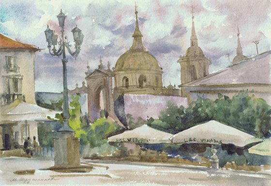 Square in old spanish town. Watercolour by Marina Trushnikova. Cityscape. Architectural scenery. Plain air artwork.