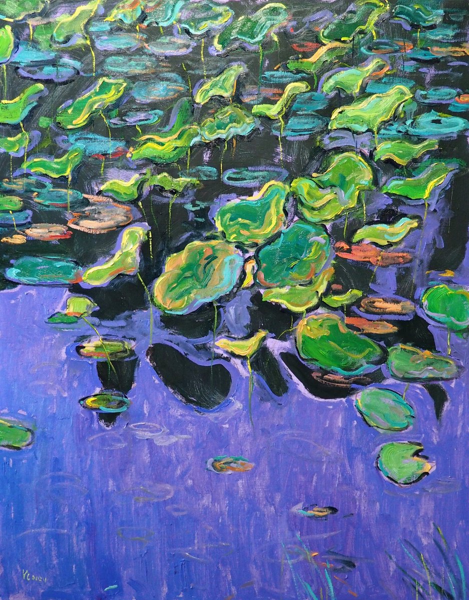 Impressionistic Landscape Oil Painting By Yuanyuan Liu, 29 X 36", Lotus Leaves, Original Artwork