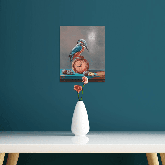 Still life with bird and Old watch(24x30cm, oil painting, ready to hang)