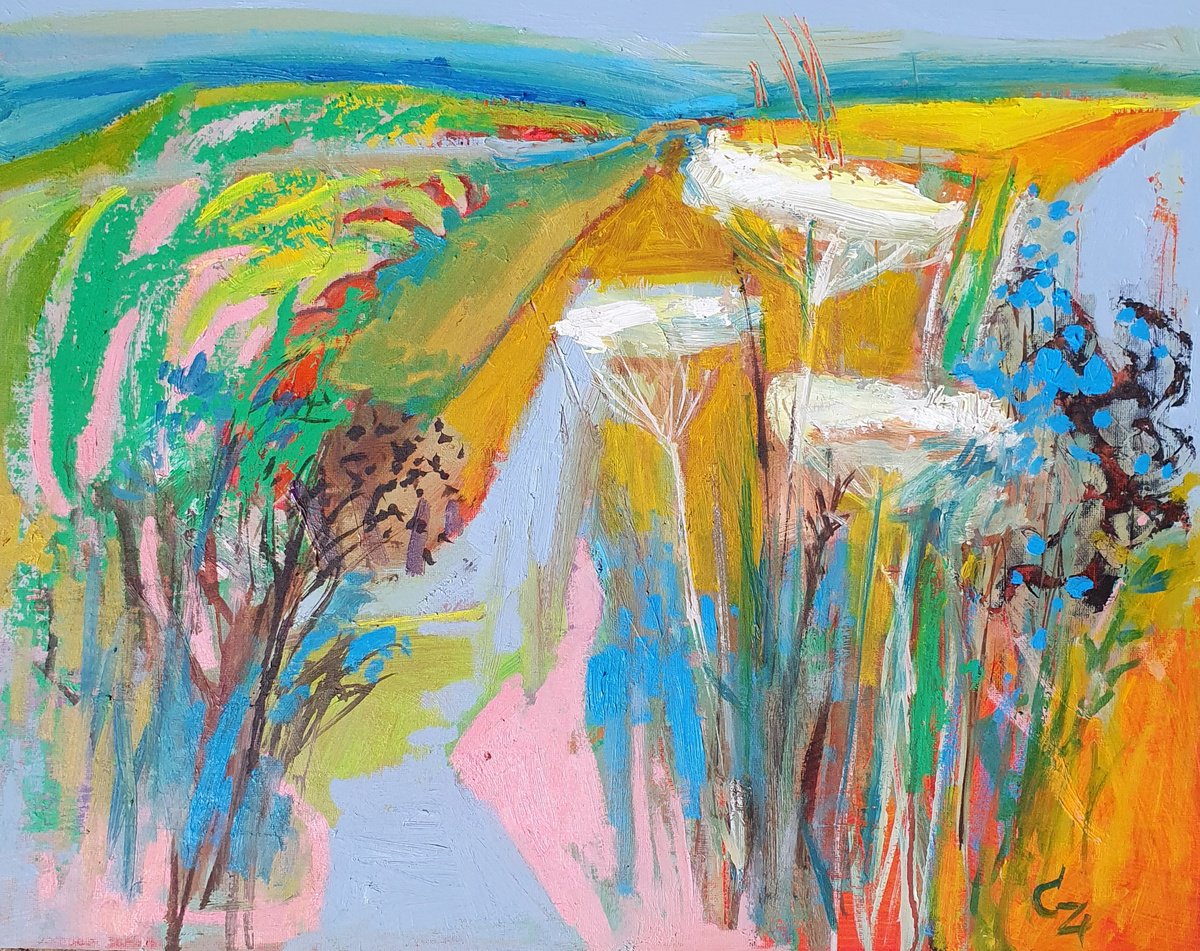 Impressionistic Landscape Oil Painting By Victoria Cozmolici, 20 X 16", Wildflowers, Original Artwork
