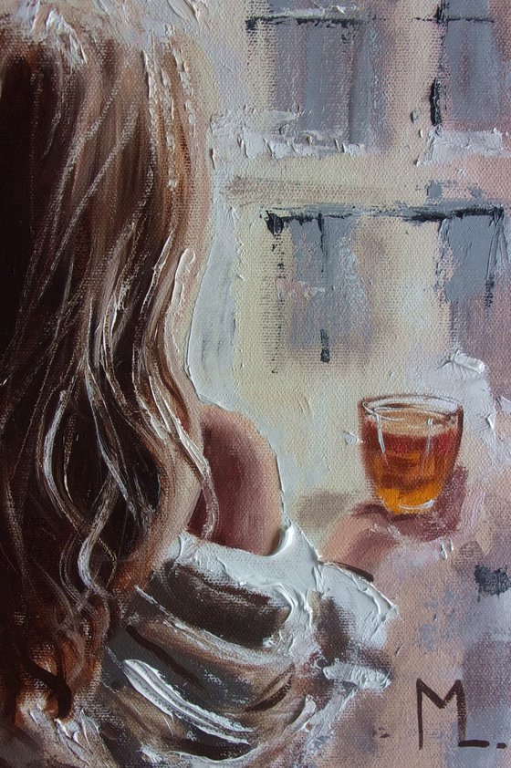 " BREAKFAST TEA "   liGHt  ORIGINAL OIL PAINTING, GIFT, PALETTE KNIFE