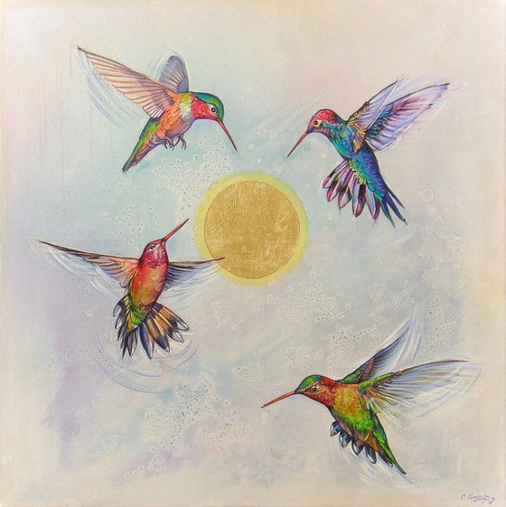 35.4" ”Shining Sun and Hummingbirds” Large Painting