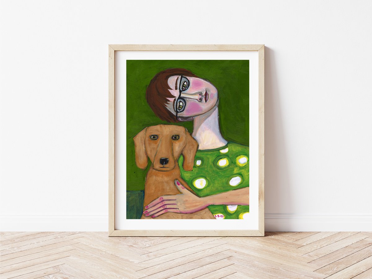 Lady with Dachshund Sausage Dog Funny Humour Naive Artwork of Woman with Dog by Sharyn Bursic