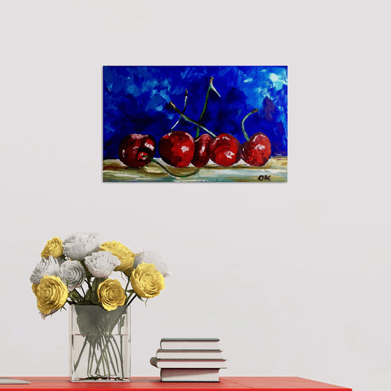 Cherries. Still life. Palette knife painting on linen canvas