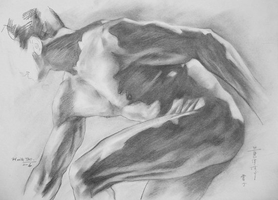 original charcoal drawing art male nude man on paper #16-3-11-05