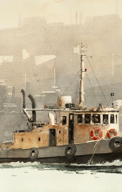 Tugboat on the Water - 20x30cm Sketch by Masato Watanabe