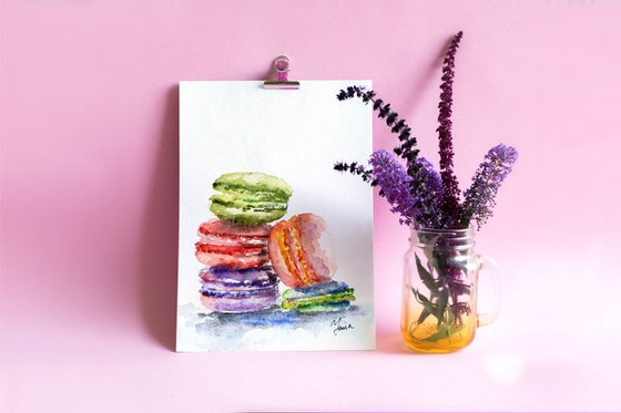 French Macarons - Original Watercolor Painting - Macaroons in Watercolor - Food Art  -Aquarelle Artwork