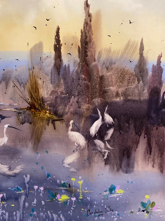 Watercolor Sold “Evening on the lake.White birds” perfect gift