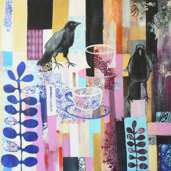 Two for tea (jackdaws, birds, crows, ravens, tea cups)