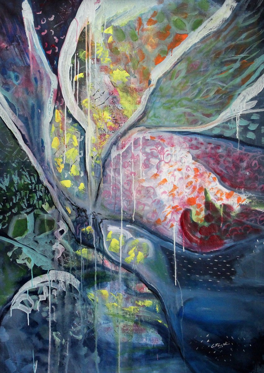 Abstract Landscape Acrylic Painting By Cecilia Frigati, 38 X 54, Morning, She Flies Away #1, Original Artwork