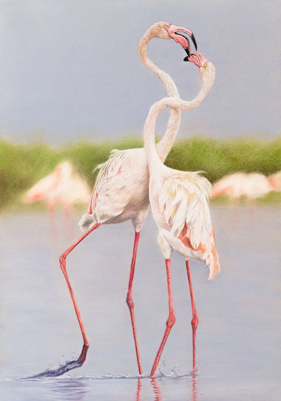 Original pastel drawing "Flamingos"