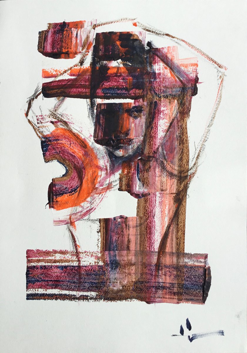 Expressive Portrait Acrylic Painting By Dominique Deve, 12 X 17, Play, Original Artwork