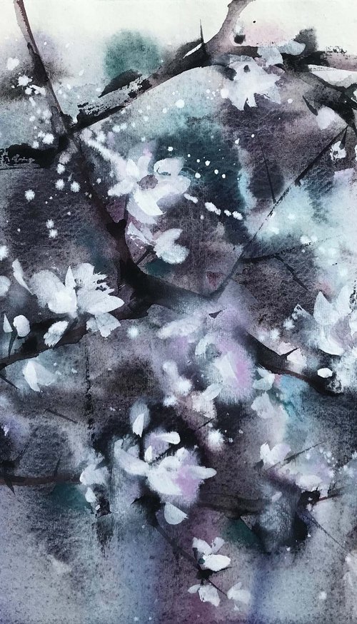 Thousands of cherry blossoms 3. One of a kind, original painting, handmad work, gift, watercolour art. by Galina Poloz