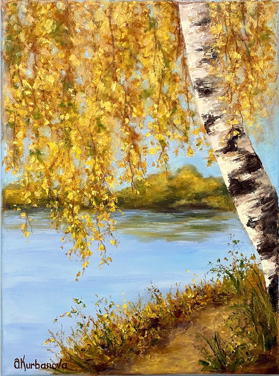 Impressionistic Landscape Oil Painting By Olga Kurbanova, 9 X 12", Golden Birch By The Water, Original Artwork