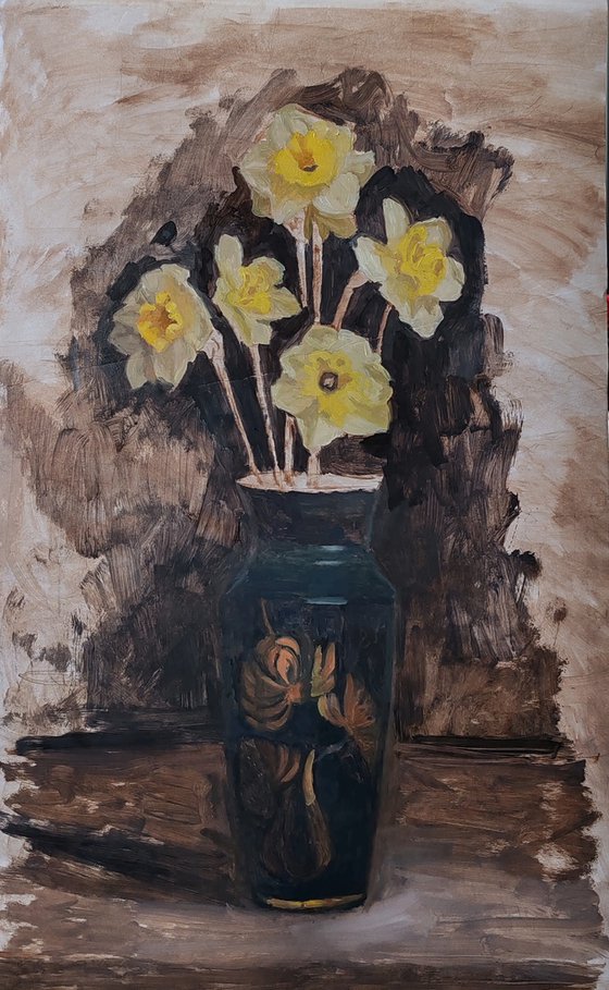 Five daffodils in a dark vase