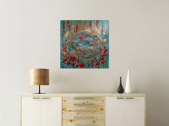 Koi fish in a flowering pond. Aquatic round 70 x 70 cm.