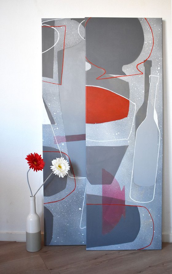 Abstract stil life Dancing Gray Bottles-1, canvas 47x16 inch