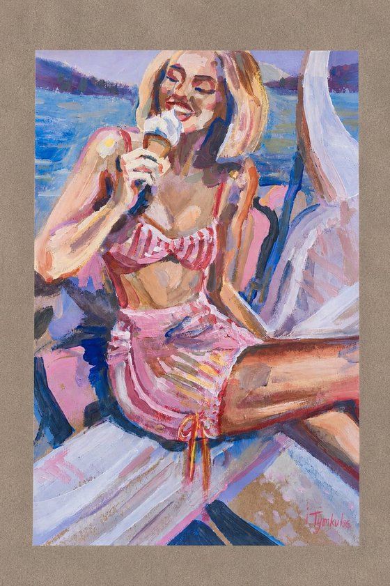 Girl with ice cream in Pink Swimsuit Beach