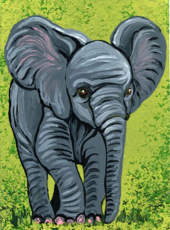 ACEO ATC Original Painting Baby Elephant Wildlife Art-Carla Smale