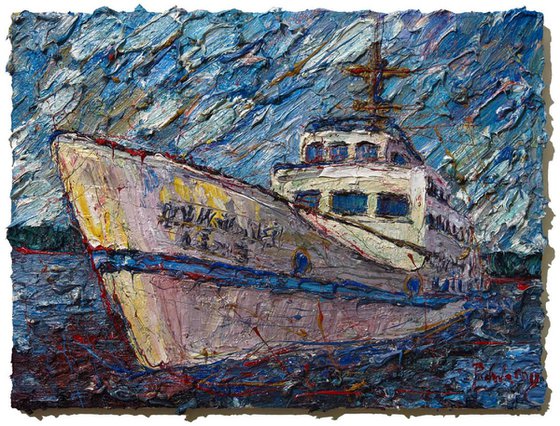 SETS IN (cat. ref. x1177) -Original expressionist oil painting on canvas boat ship