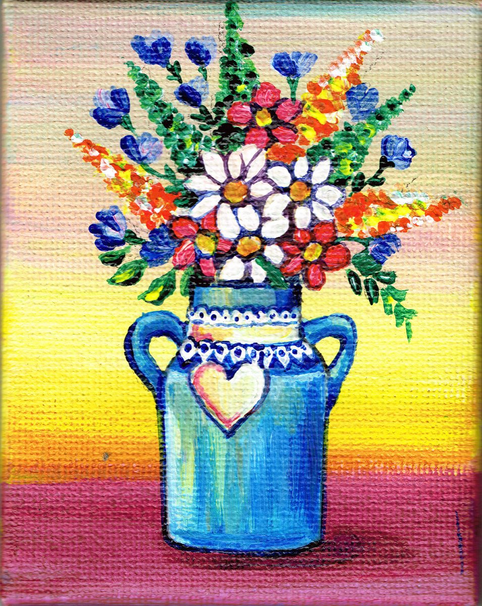 flowers in blue milk urn, original acrylic miniature painting, still life by Diana Aleksanian