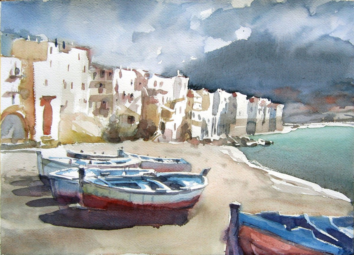 Cityscapes Watercolour By Goran Zigolic Watercolors, 22 X 15, Stormy Monday (Cefalu), Original Artwork