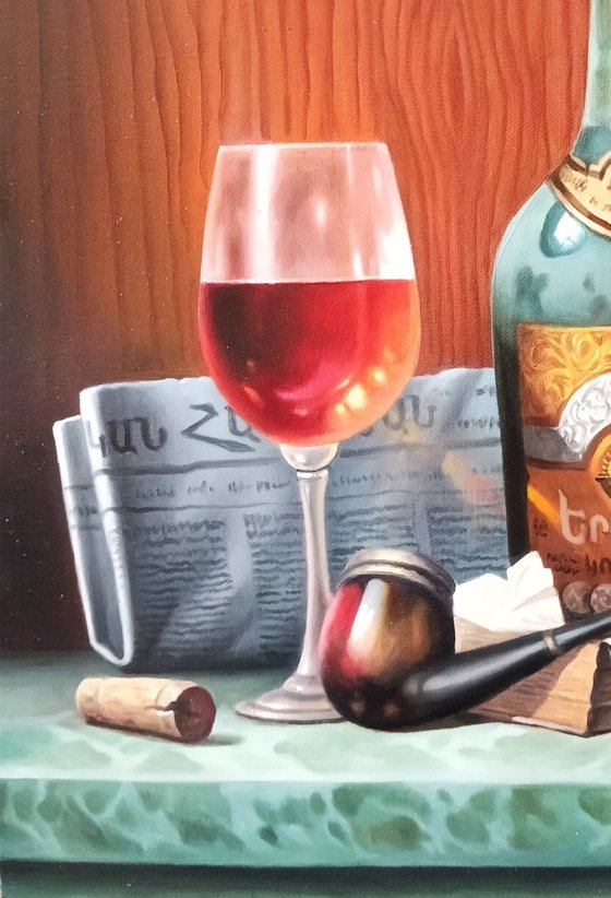 Still life with Armenian cognac and pipe