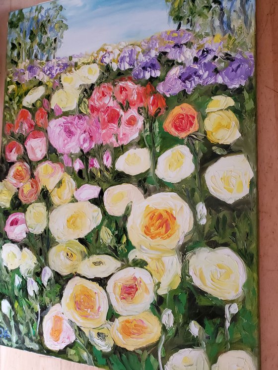 SUMMER DAY WHITE PINK YELLOW PURPLE  ROSES in a Greenwich rose garden palette  knife modern office home decor gift