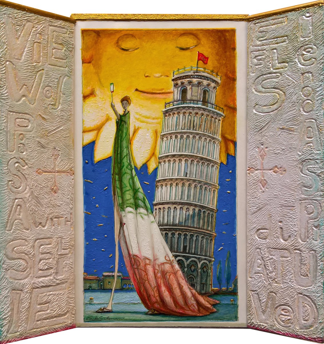 Surrealistic Cityscapes Sculpture By Carlo Salomoni, 11 X 12, View Of Pisa, With Selfie., Original Artwork