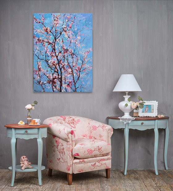 Flowering apricot tree - Original oil painting